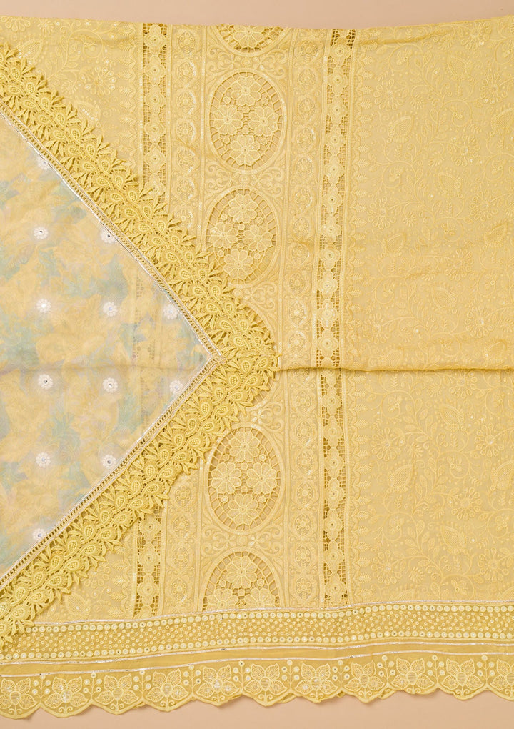 Lemon Yellow Cutwork Georgette Unstitched Salwar Kameez-Koskii
