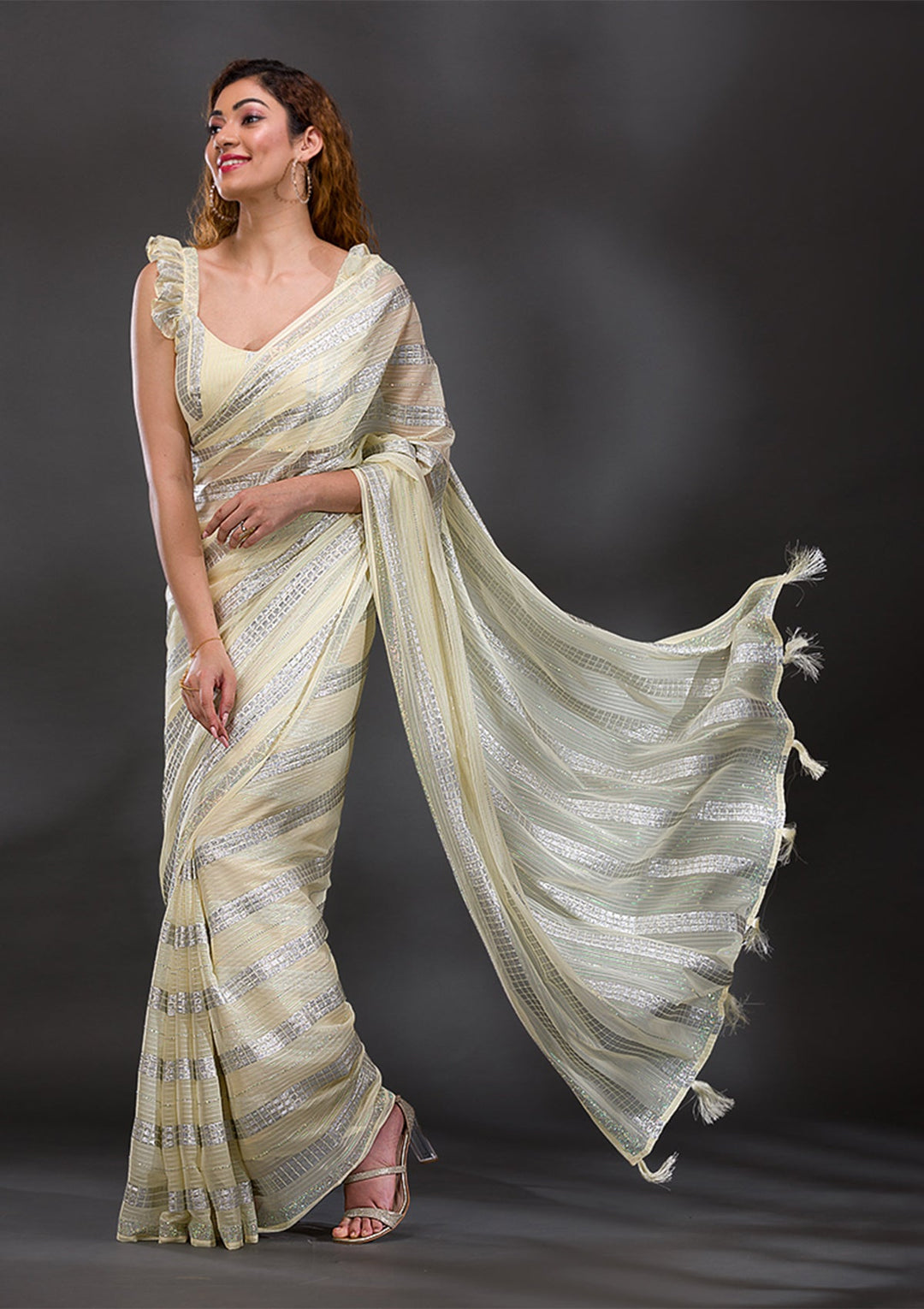 Lemon Yellow Mirrorwork Shimmer Georgette Saree-Koskii