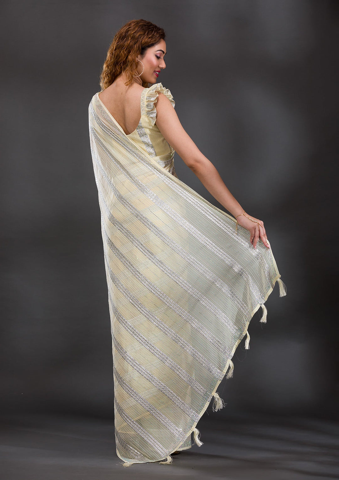 Lemon Yellow Mirrorwork Shimmer Georgette Saree-Koskii