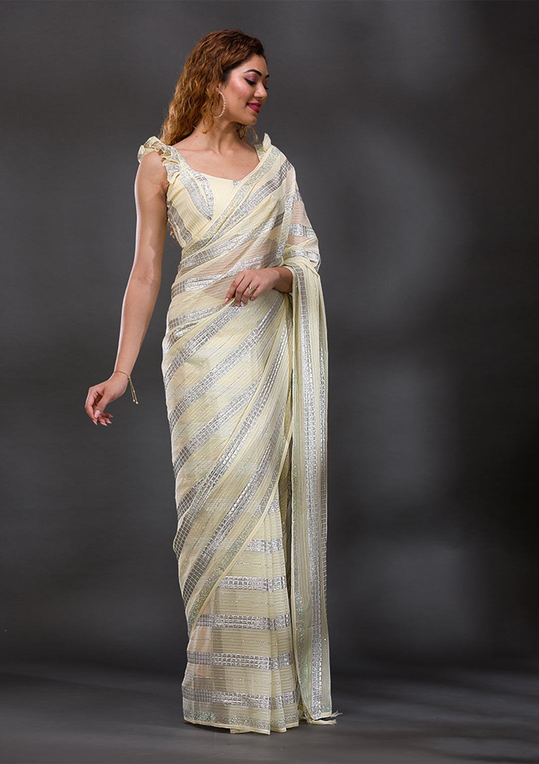 Lemon Yellow Mirrorwork Shimmer Georgette Saree-Koskii