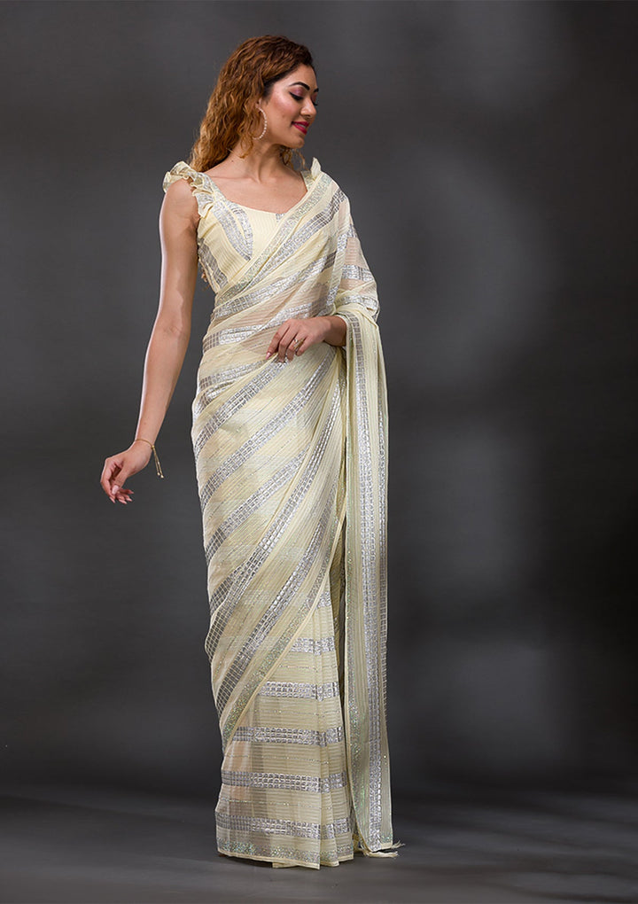 Lemon Yellow Mirrorwork Shimmer Georgette Saree-Koskii