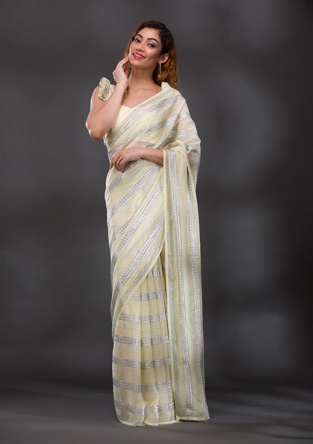 Lemon Yellow Mirrorwork Shimmer Georgette Saree-Koskii