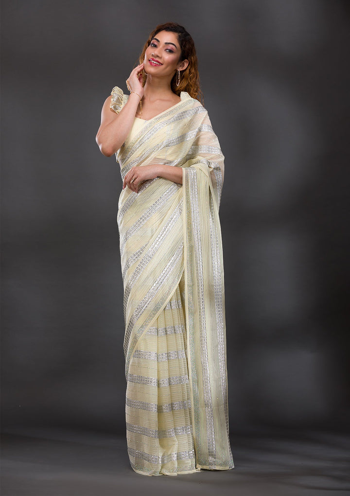 Lemon Yellow Mirrorwork Shimmer Georgette Saree-Koskii