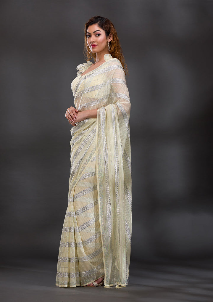 Lemon Yellow Mirrorwork Shimmer Georgette Saree-Koskii