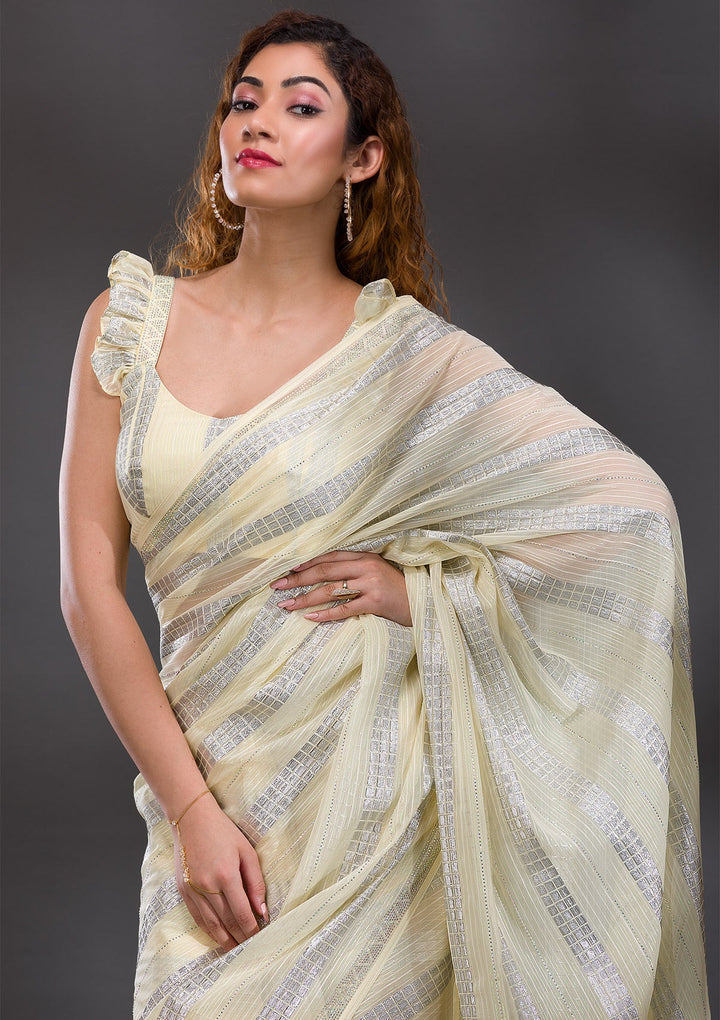 Lemon Yellow Mirrorwork Shimmer Georgette Saree-Koskii