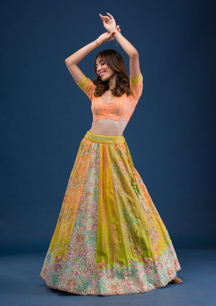 Lemon Yellow Print Crepe Readymade Lehenga-Koskii