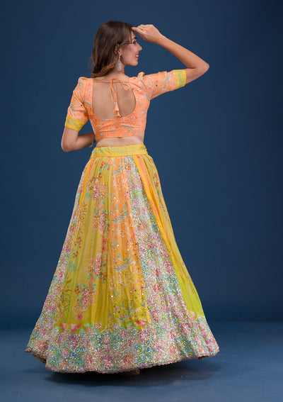 Lemon Yellow Print Crepe Readymade Lehenga-Koskii