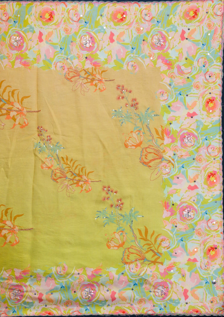 Lemon Yellow Print Crepe Readymade Lehenga-Koskii