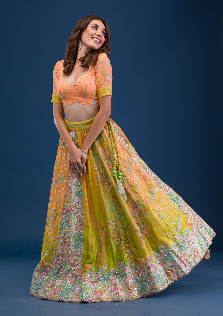 Lemon Yellow Print Crepe Readymade Lehenga-Koskii