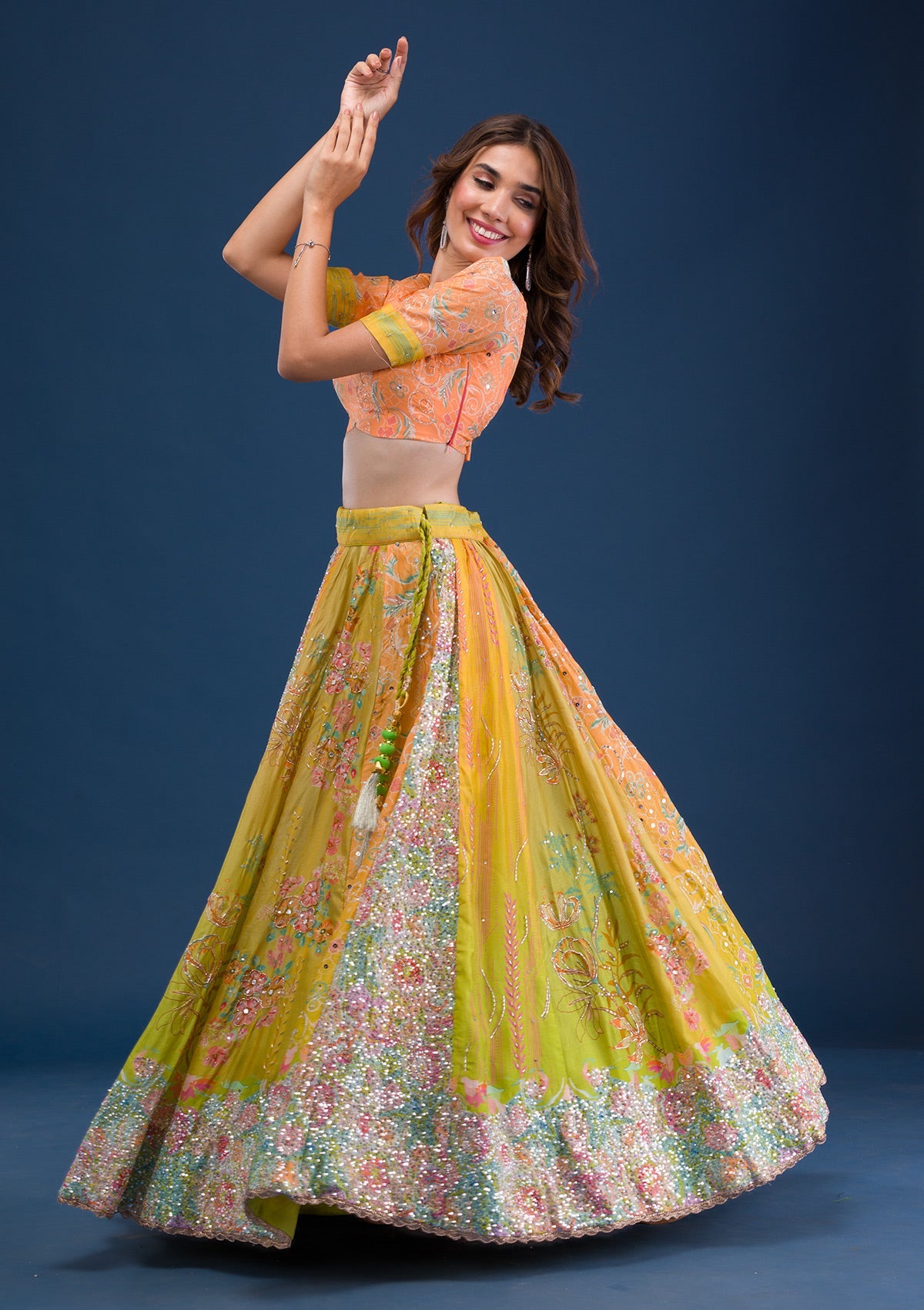 Lemon Yellow Print Crepe Readymade Lehenga-Koskii