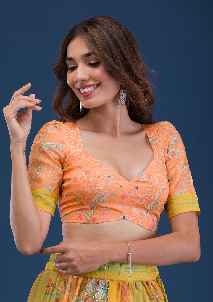 Lemon Yellow Print Crepe Readymade Lehenga-Koskii