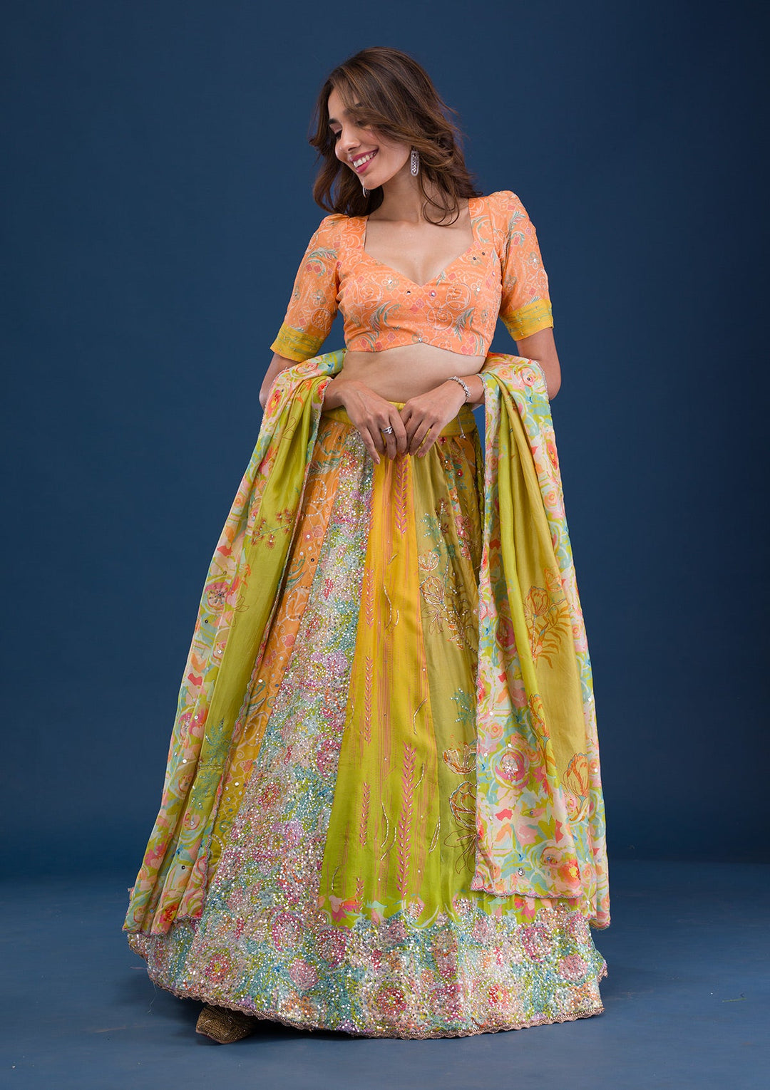 Lemon Yellow Print Crepe Readymade Lehenga-Koskii