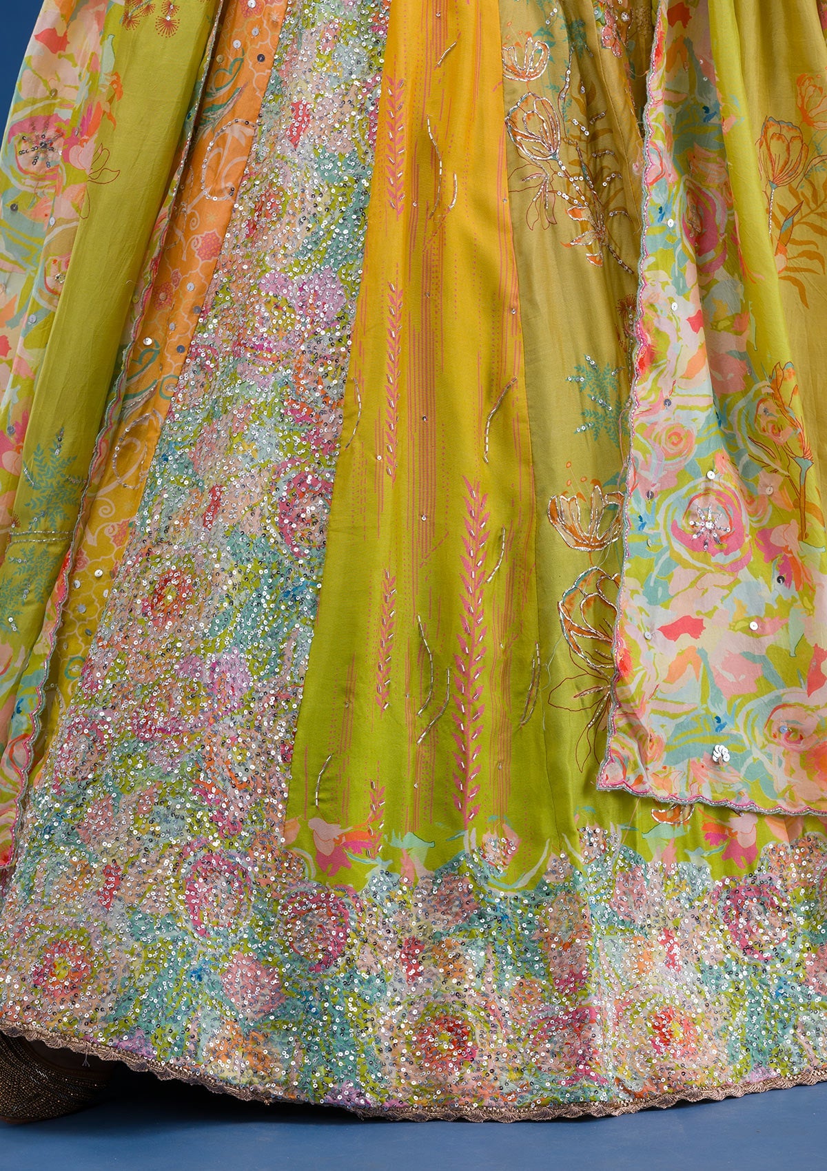 Lemon Yellow Print Crepe Readymade Lehenga-Koskii