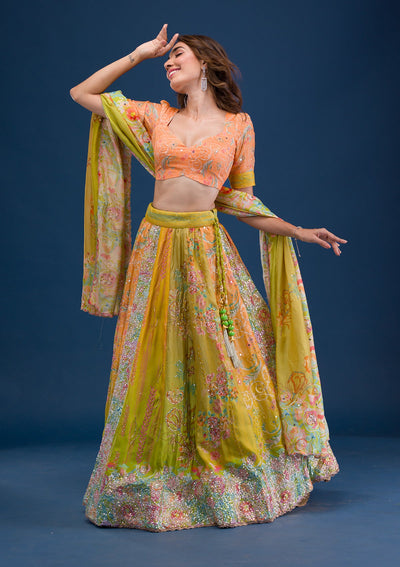 Lemon Yellow Print Crepe Readymade Lehenga-Koskii