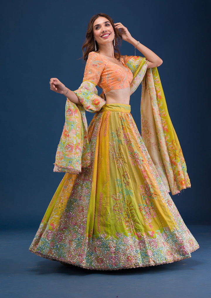 Lemon Yellow Print Crepe Readymade Lehenga-Koskii