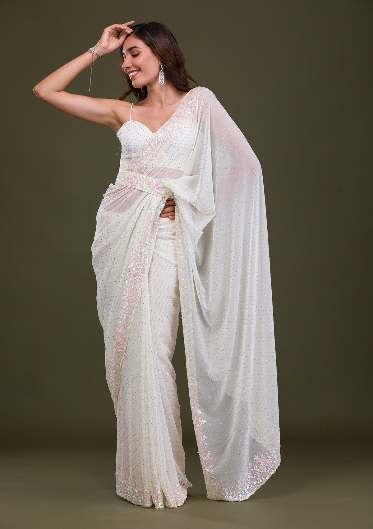 Off White Sequins Georgette Saree-Koskii