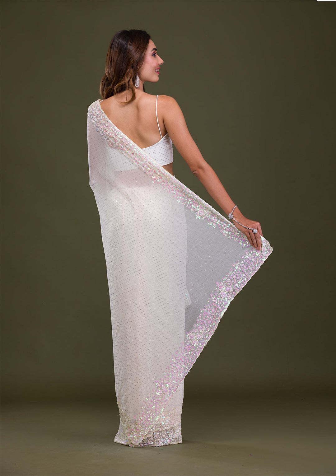 Off White Sequins Georgette Saree-Koskii