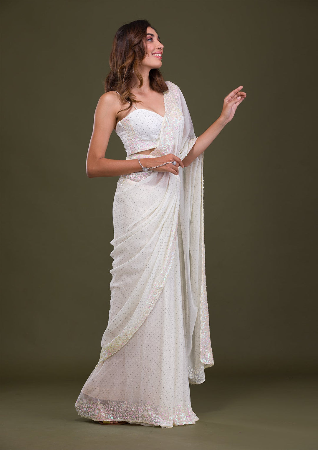 Off White Sequins Georgette Saree-Koskii