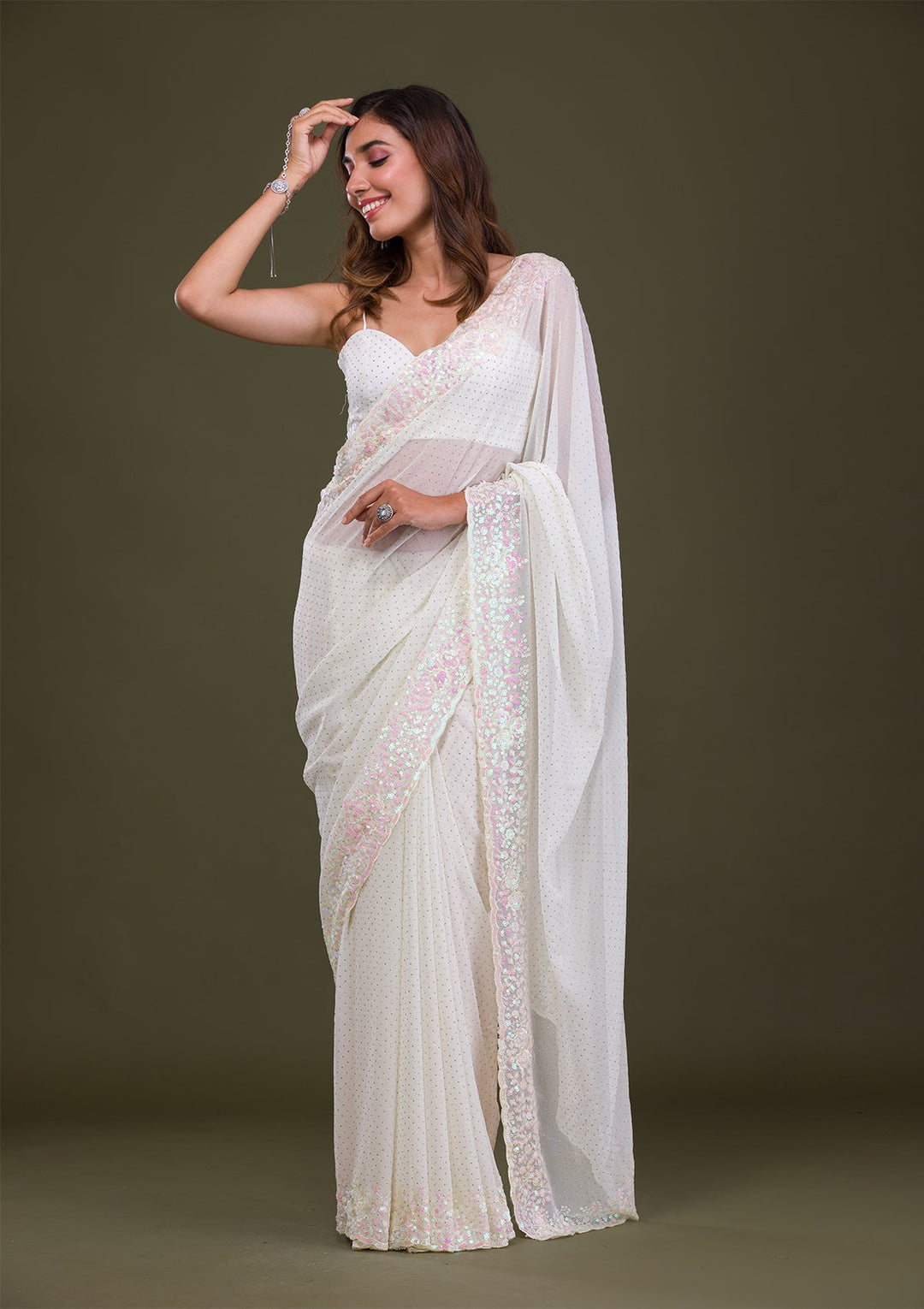 Off White Sequins Georgette Saree-Koskii