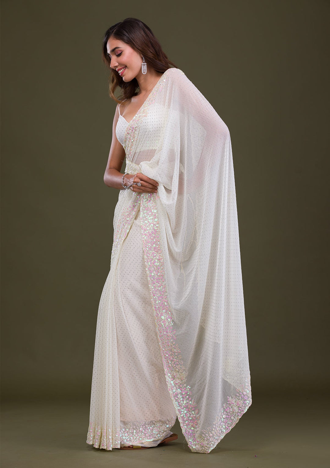 Off White Sequins Georgette Saree-Koskii