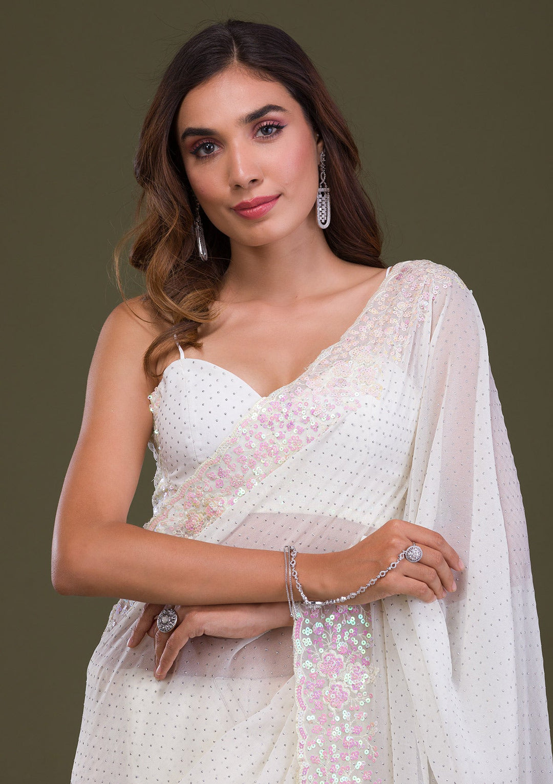 Off White Sequins Georgette Saree-Koskii