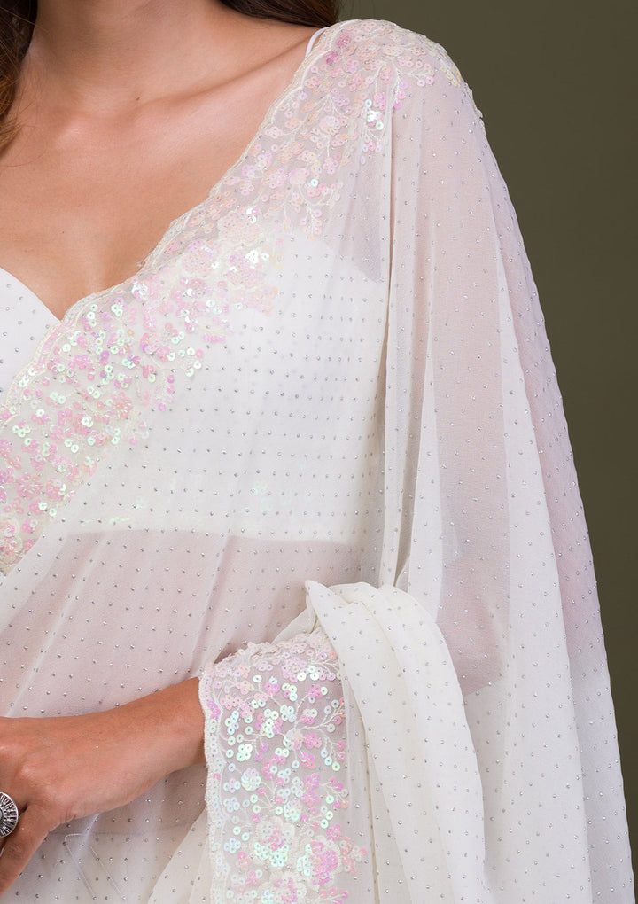 Off White Sequins Georgette Saree-Koskii
