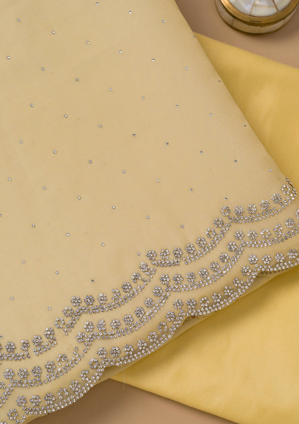 Lemon Yellow Swarovski Organza Unstitched Salwar Suit-Koskii