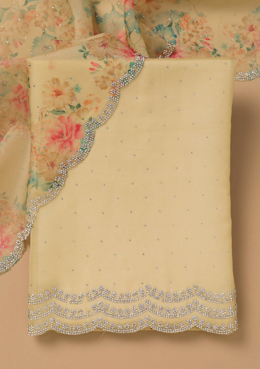 Lemon Yellow Swarovski Organza Unstitched Salwar Suit-Koskii