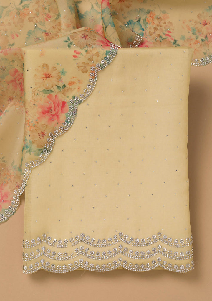 Lemon Yellow Swarovski Organza Unstitched Salwar Suit-Koskii