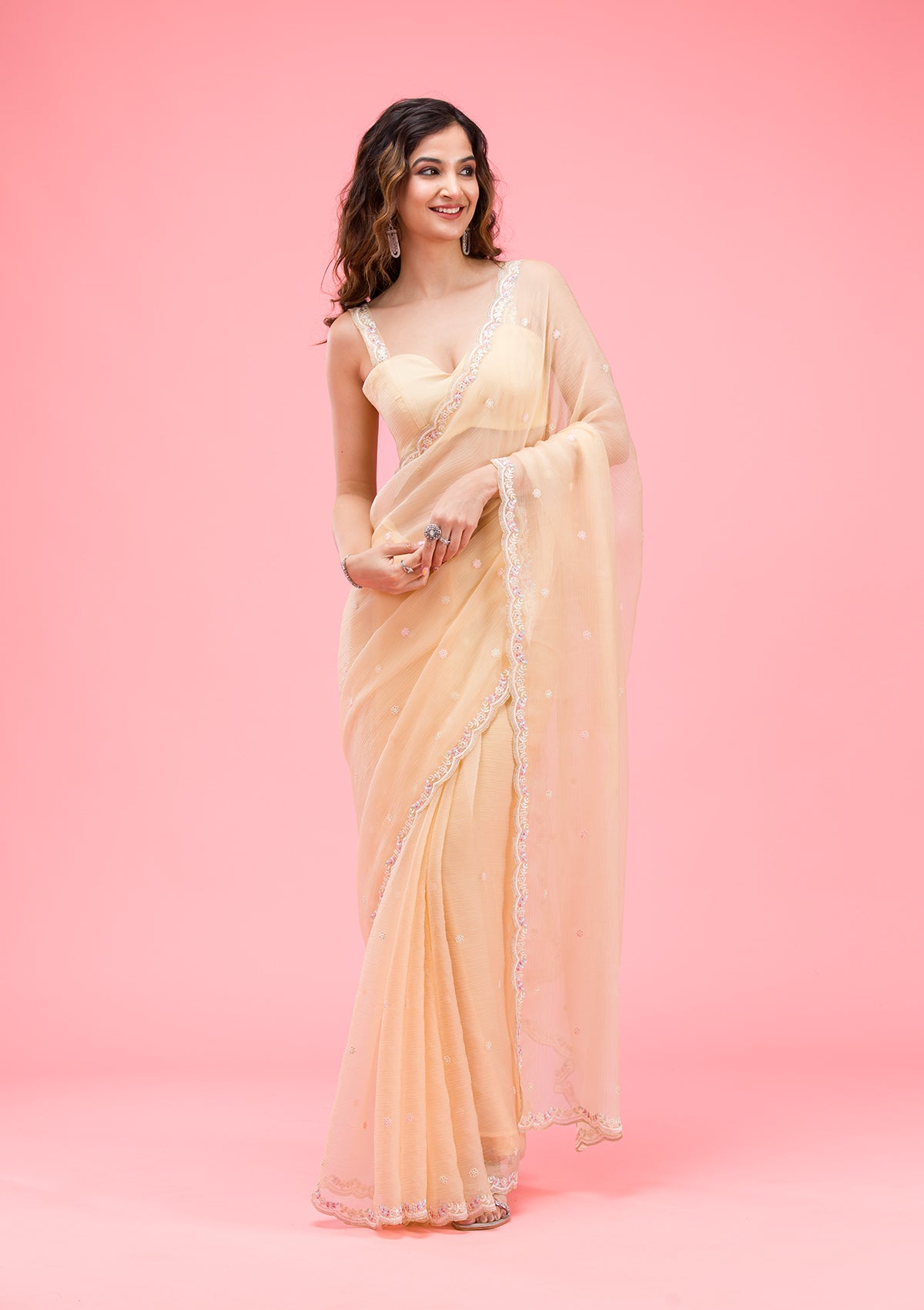 Lemon Yellow Threadwork Chiffon Saree-Koskii