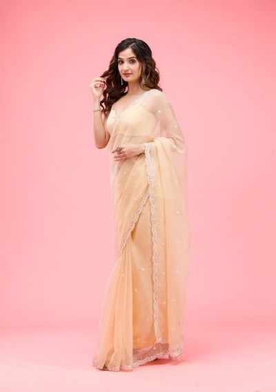 Lemon Yellow Threadwork Chiffon Saree-Koskii