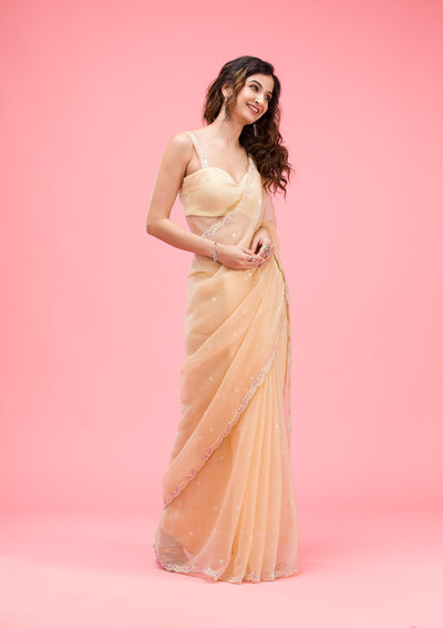 Lemon Yellow Threadwork Chiffon Saree-Koskii