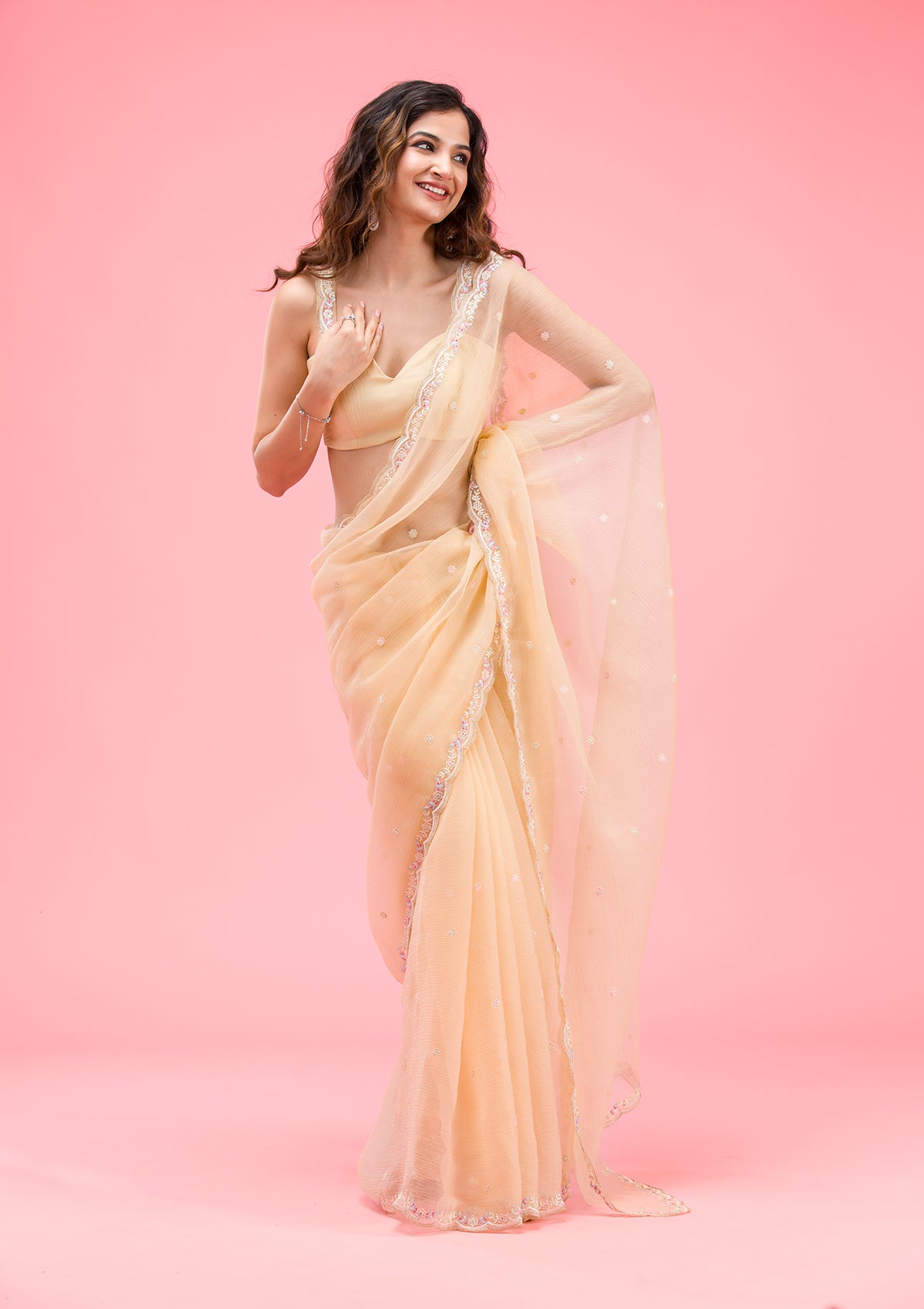 Lemon Yellow Threadwork Chiffon Saree-Koskii