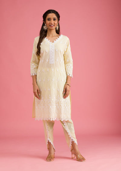 Lemon Yellow Threadwork Cotton Readymade Salwar Suit-Koskii