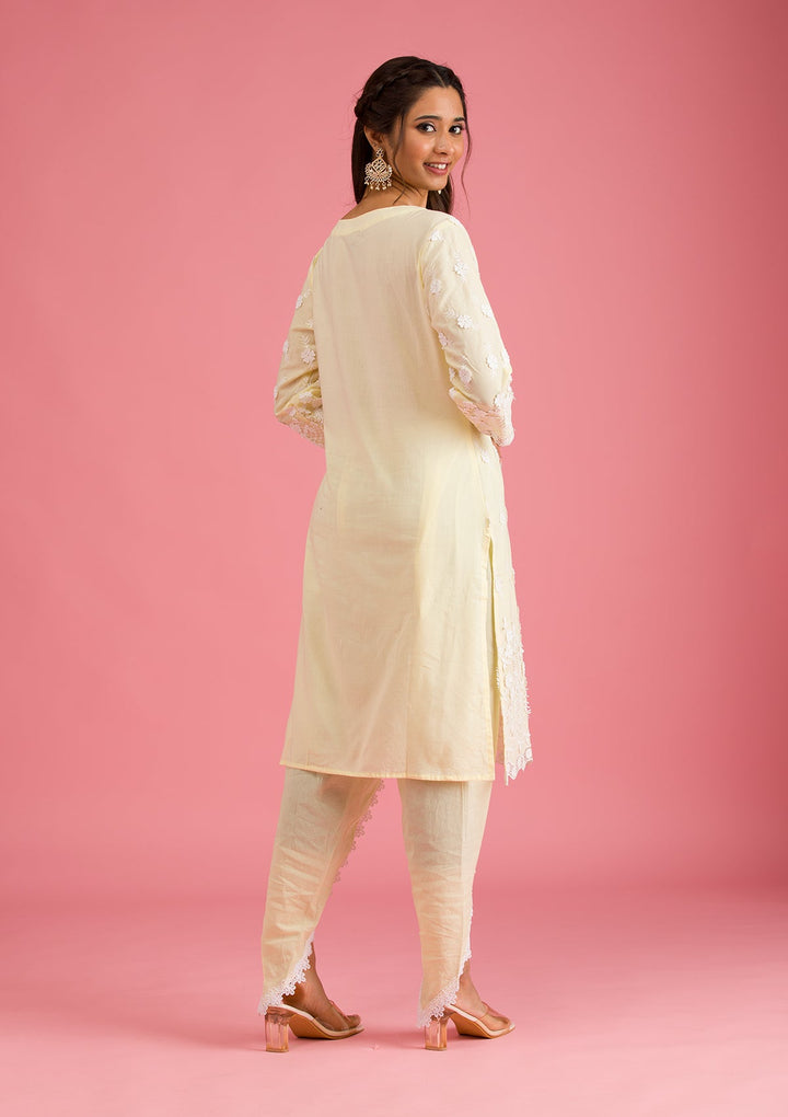 Lemon Yellow Threadwork Cotton Readymade Salwar Suit-Koskii
