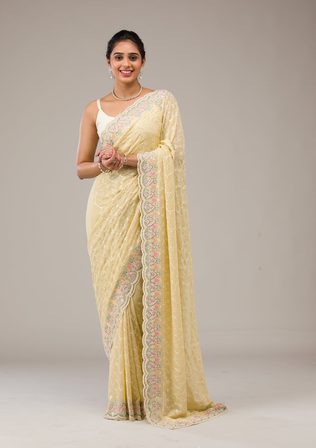 Lemon Yellow Threadwork Georgette Saree-Koskii