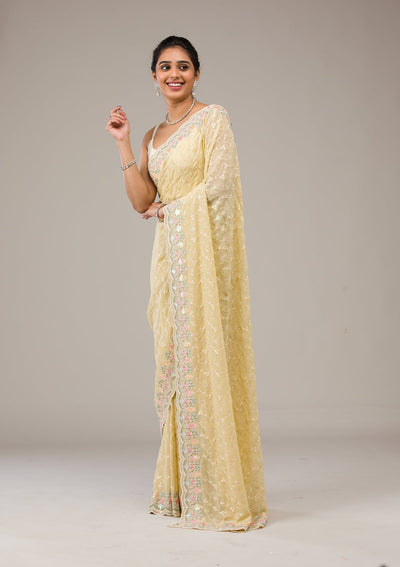 Lemon Yellow Threadwork Georgette Saree-Koskii