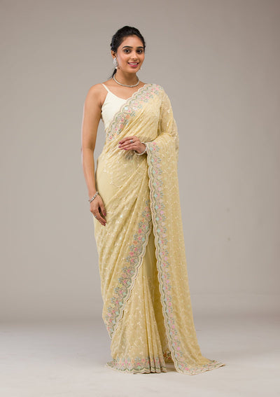 Lemon Yellow Threadwork Georgette Saree-Koskii