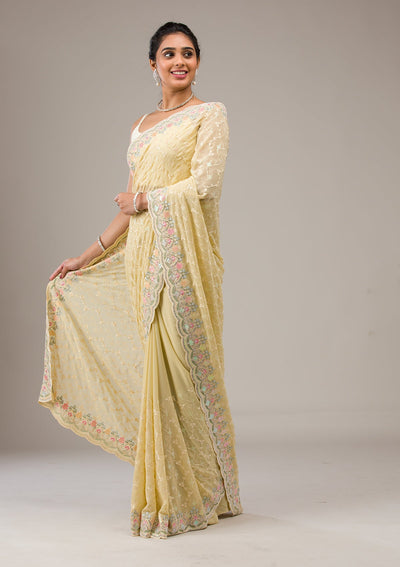 Lemon Yellow Threadwork Georgette Saree-Koskii