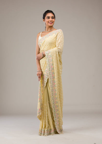 Lemon Yellow Threadwork Georgette Saree-Koskii