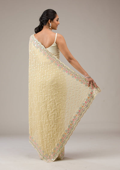 Lemon Yellow Threadwork Georgette Saree-Koskii