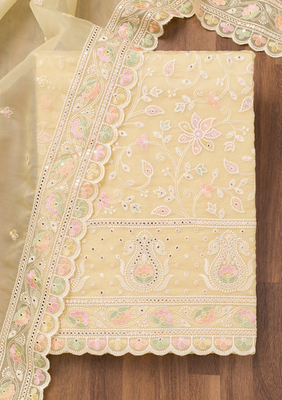 Lemon Yellow Threadwork Organza Unstitched Salwar Suit-Koskii