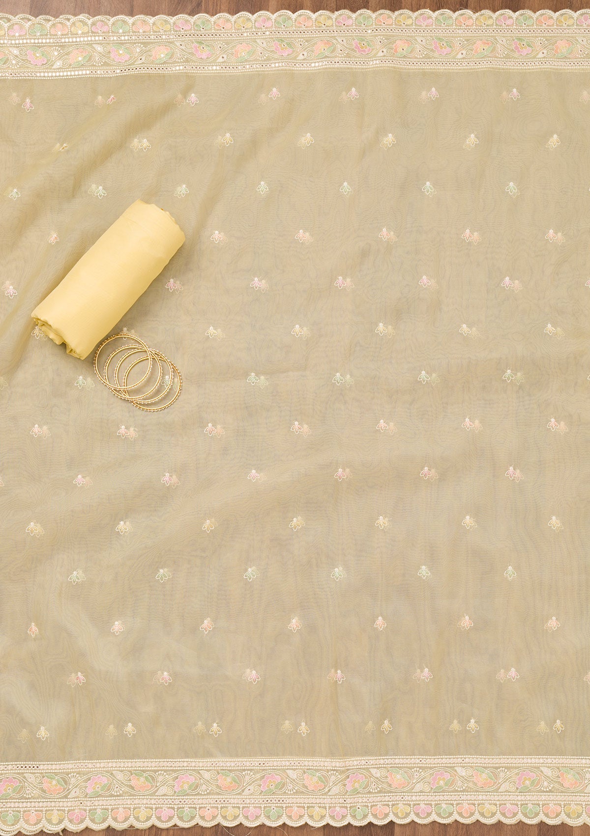 Lemon Yellow Threadwork Organza Unstitched Salwar Suit-Koskii