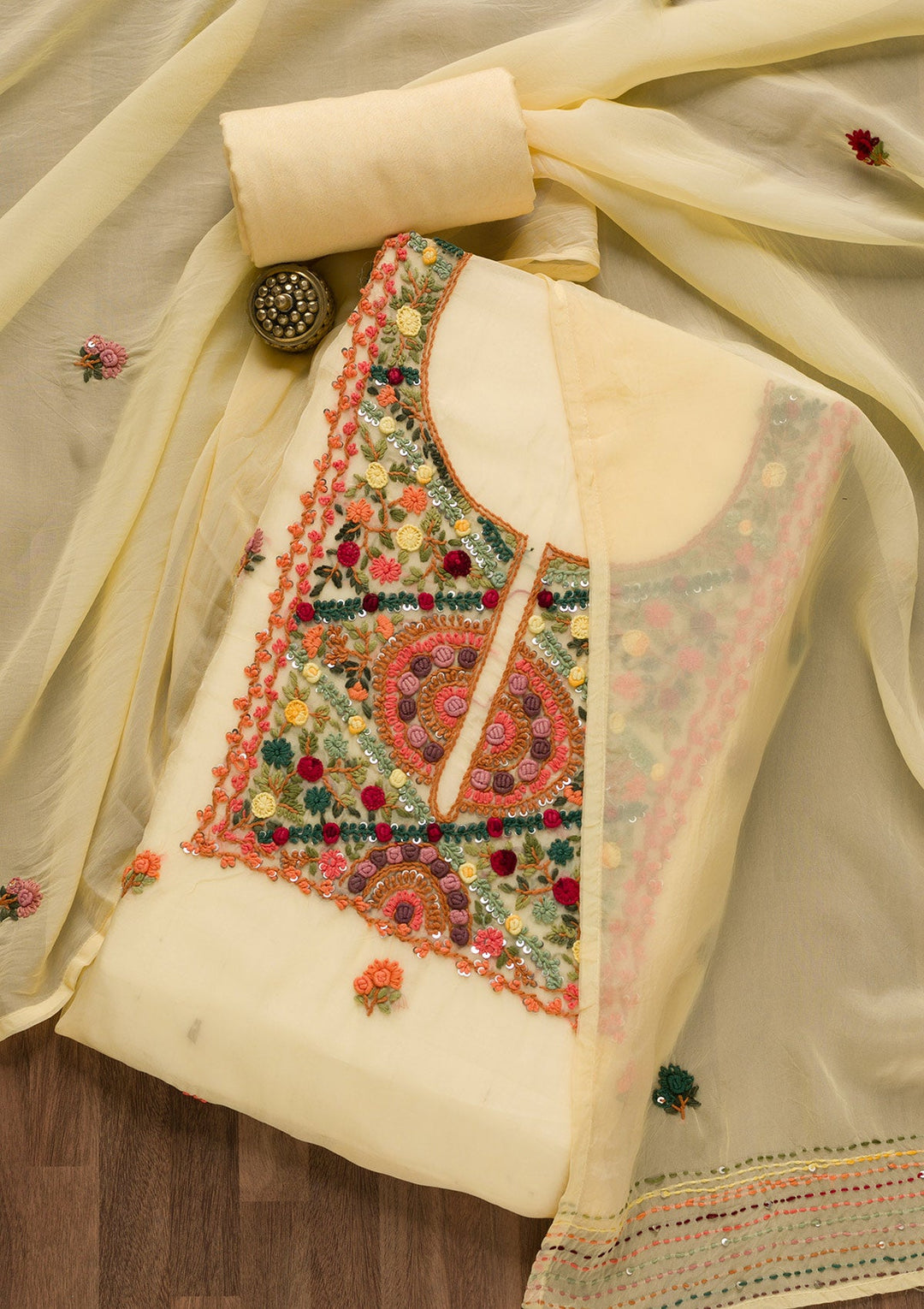 Lemon Yellow Threadwork Tissue Unstitched Salwar Suit-Koskii