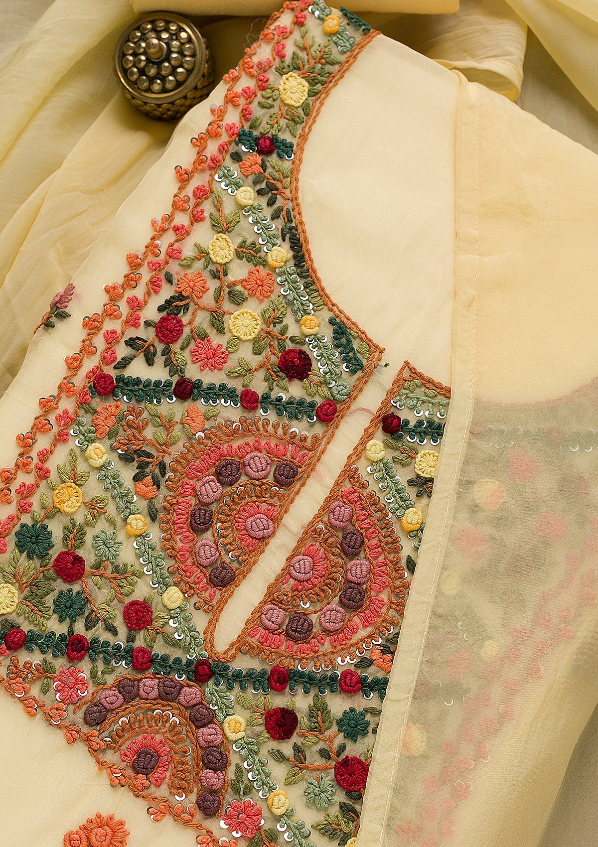 Lemon Yellow Threadwork Tissue Unstitched Salwar Suit-Koskii