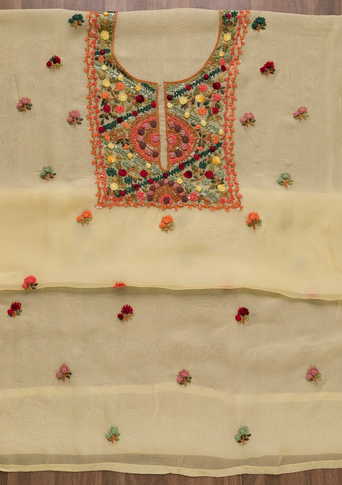Lemon Yellow Threadwork Tissue Unstitched Salwar Suit-Koskii