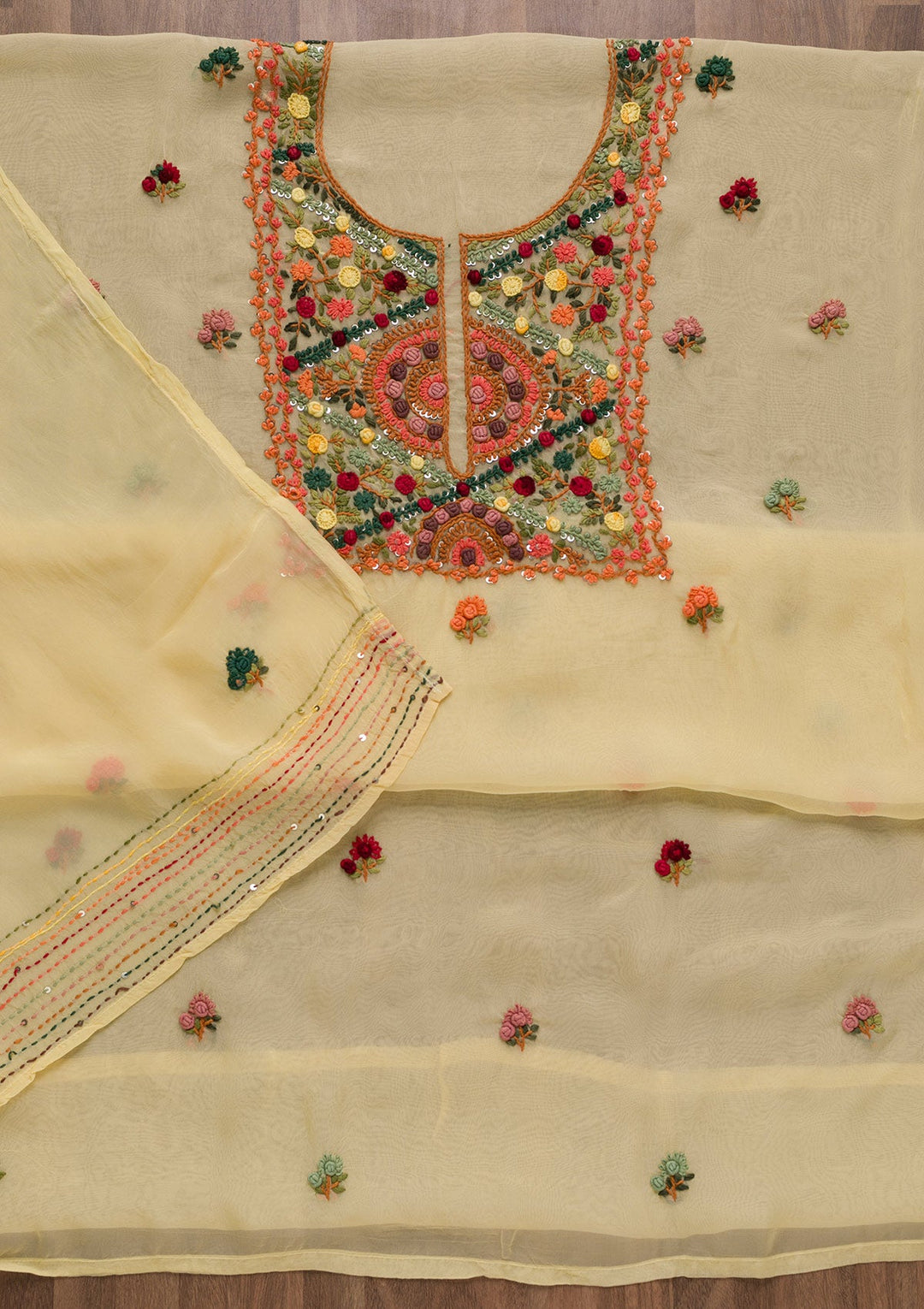 Lemon Yellow Threadwork Tissue Unstitched Salwar Suit-Koskii