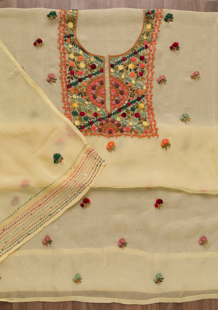 Lemon Yellow Threadwork Tissue Unstitched Salwar Suit-Koskii
