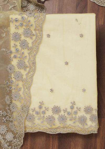 Lemon Yellow Threadwork Tissue Unstitched Salwar Suit-Koskii