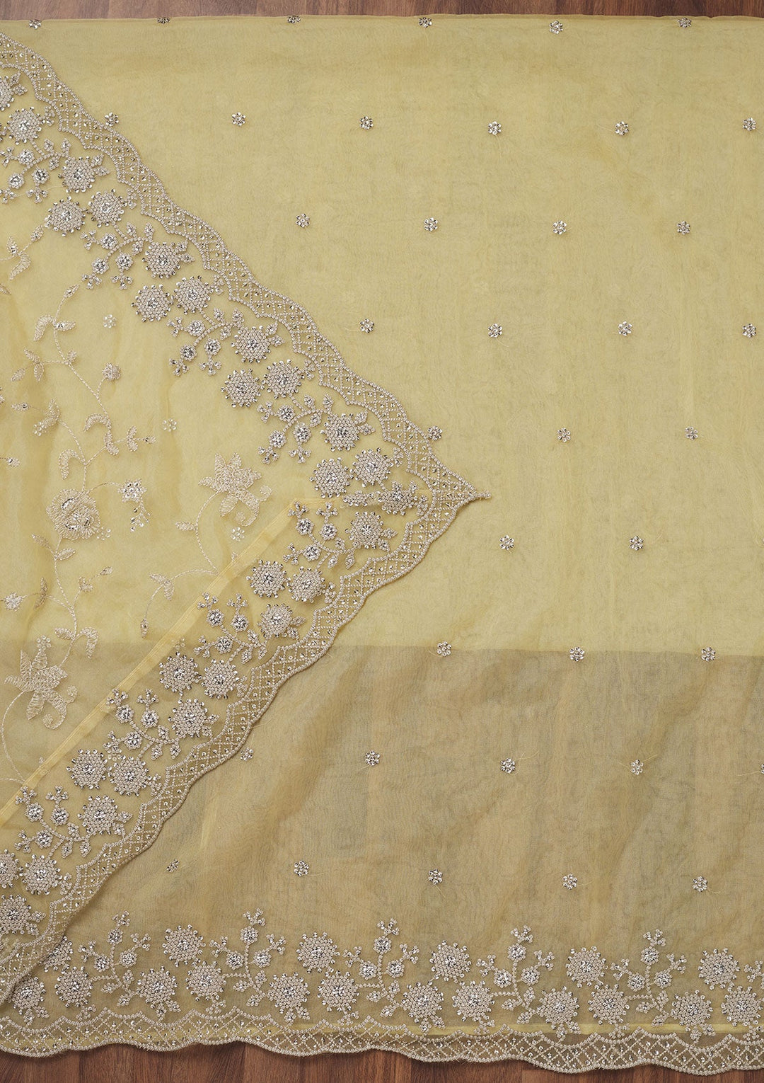 Lemon Yellow Threadwork Tissue Unstitched Salwar Suit-Koskii